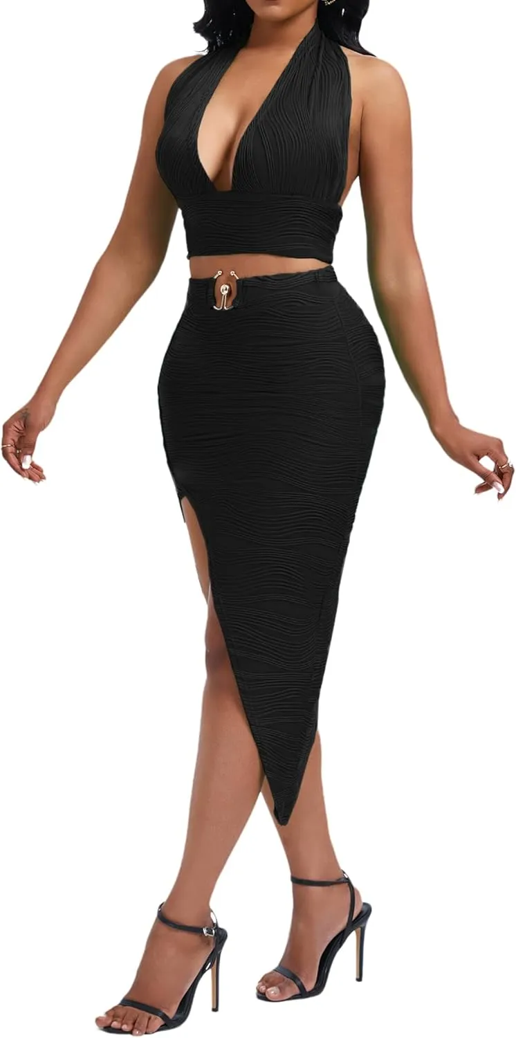 Women's Sexy Clubwear 2 Piece Set Halter Crop Top & High-Slit Bodycon Skirt for Night Out