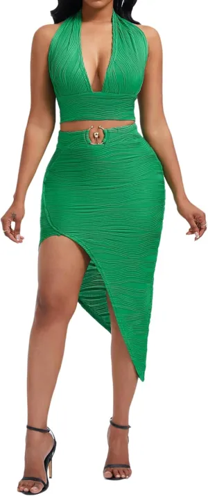Women's Sexy Clubwear 2 Piece Set Halter Crop Top & High-Slit Bodycon Skirt for Night Out