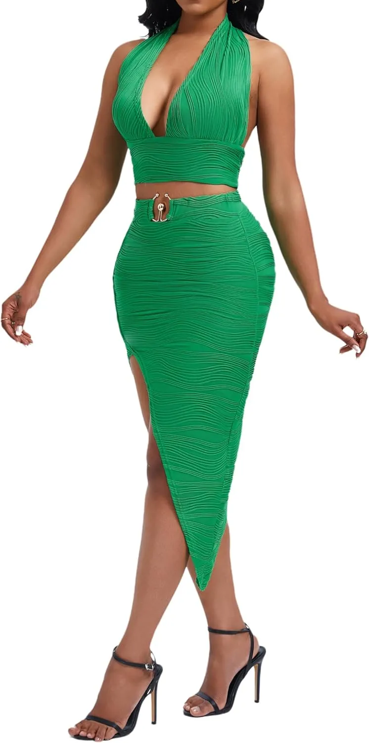 Women's Sexy Clubwear 2 Piece Set Halter Crop Top & High-Slit Bodycon Skirt for Night Out