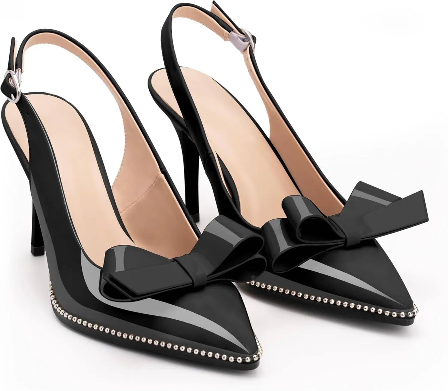 Women's Sexy Slingbacks Bow Stiletto Heels Closed Pointed Toe Pumps Bead Buckle Strap High Heels Dress Shoes