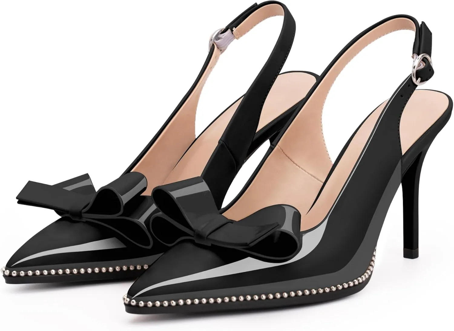 Women's Sexy Slingbacks Bow Stiletto Heels Closed Pointed Toe Pumps Bead Buckle Strap High Heels Dress Shoes
