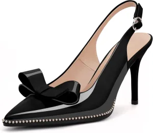 Women's Sexy Slingbacks Bow Stiletto Heels Closed Pointed Toe Pumps Bead Buckle Strap High Heels Dress Shoes