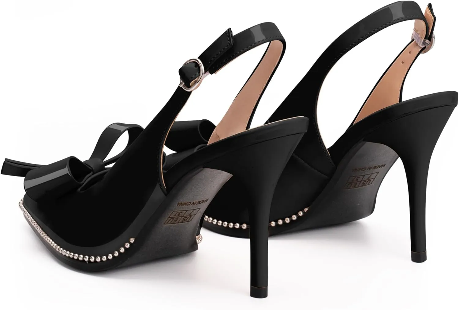 Women's Sexy Slingbacks Bow Stiletto Heels Closed Pointed Toe Pumps Bead Buckle Strap High Heels Dress Shoes