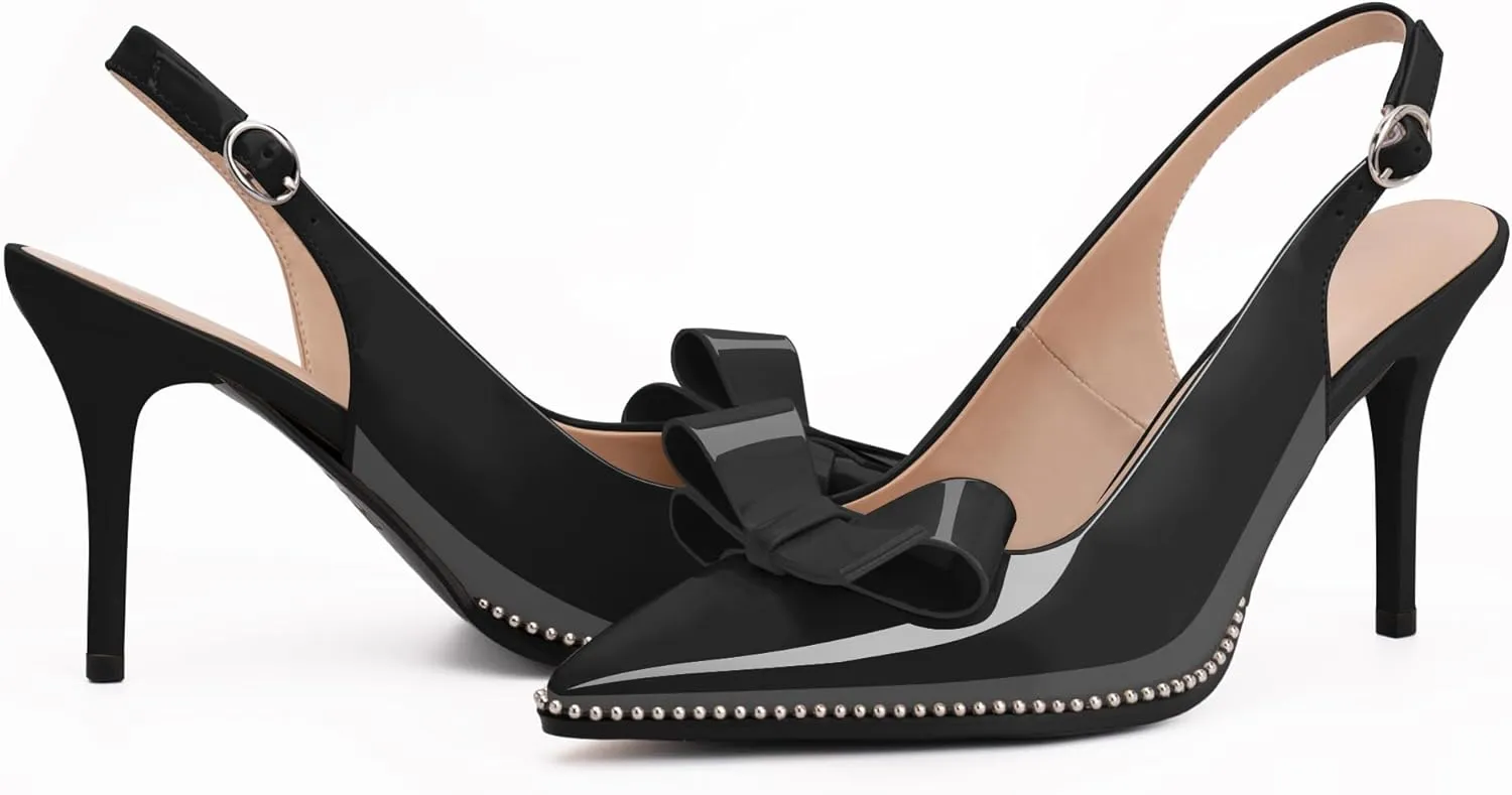 Women's Sexy Slingbacks Bow Stiletto Heels Closed Pointed Toe Pumps Bead Buckle Strap High Heels Dress Shoes