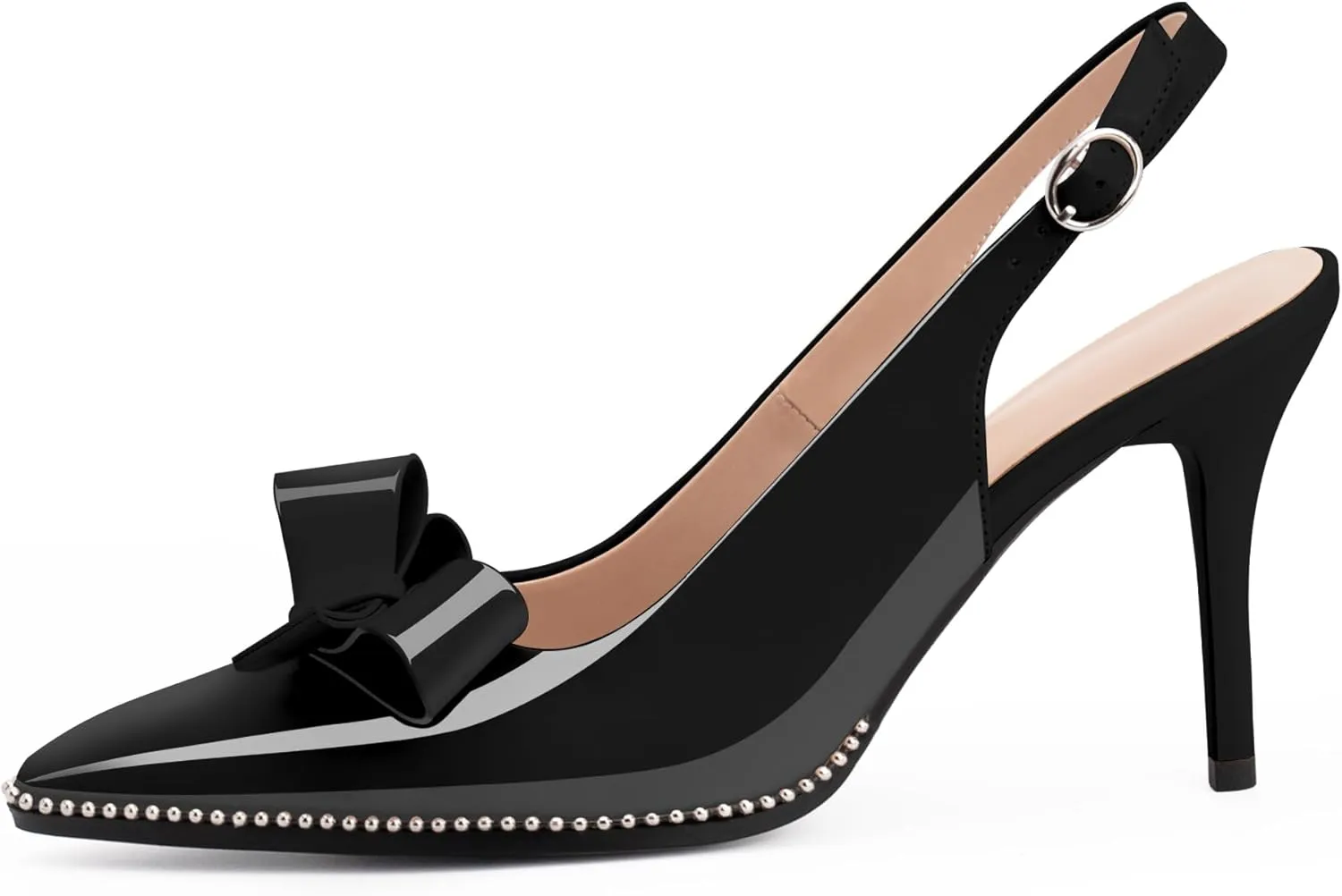Women's Sexy Slingbacks Bow Stiletto Heels Closed Pointed Toe Pumps Bead Buckle Strap High Heels Dress Shoes