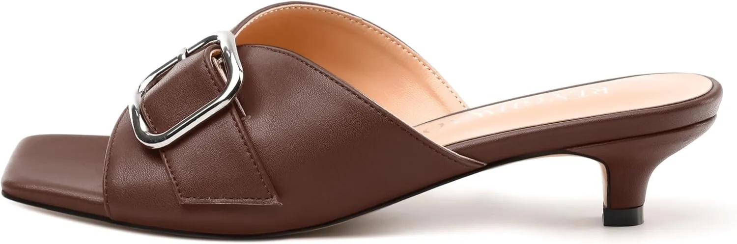 Women's Slide Sandals Square Open Toe Slip on Kitten Low Heel Metal Buckle Dressy Shoes