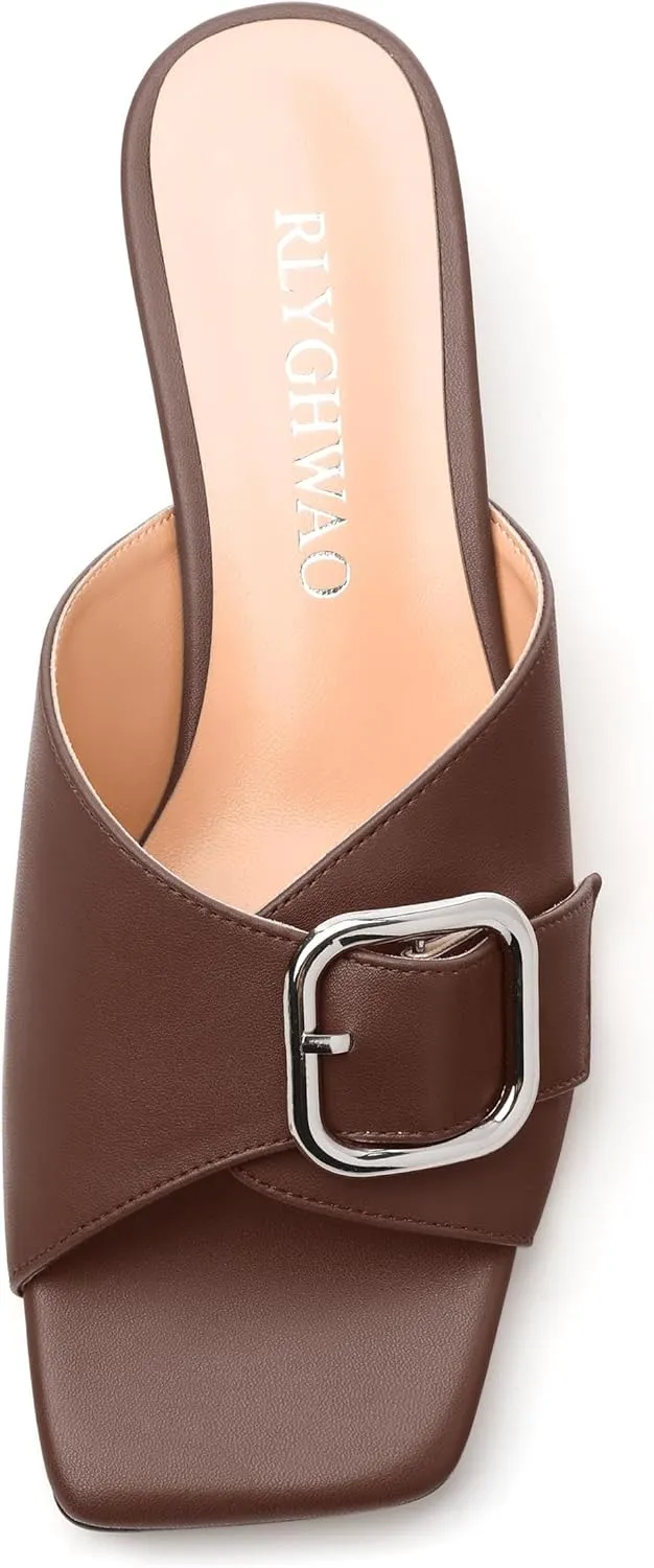 Women's Slide Sandals Square Open Toe Slip on Kitten Low Heel Metal Buckle Dressy Shoes