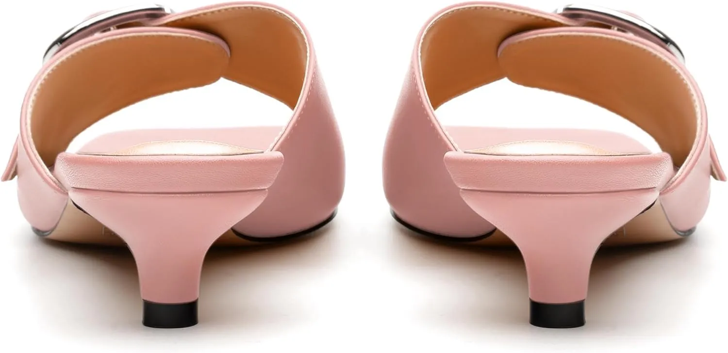Women's Slide Sandals Square Open Toe Slip on Kitten Low Heel Metal Buckle Dressy Shoes