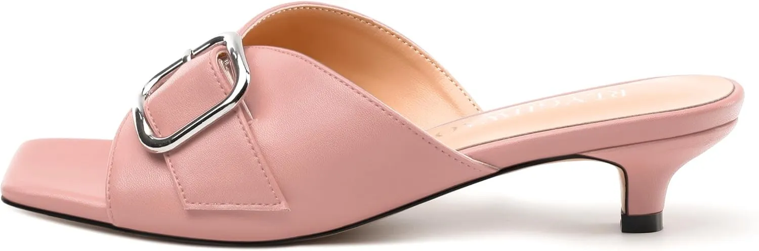 Women's Slide Sandals Square Open Toe Slip on Kitten Low Heel Metal Buckle Dressy Shoes