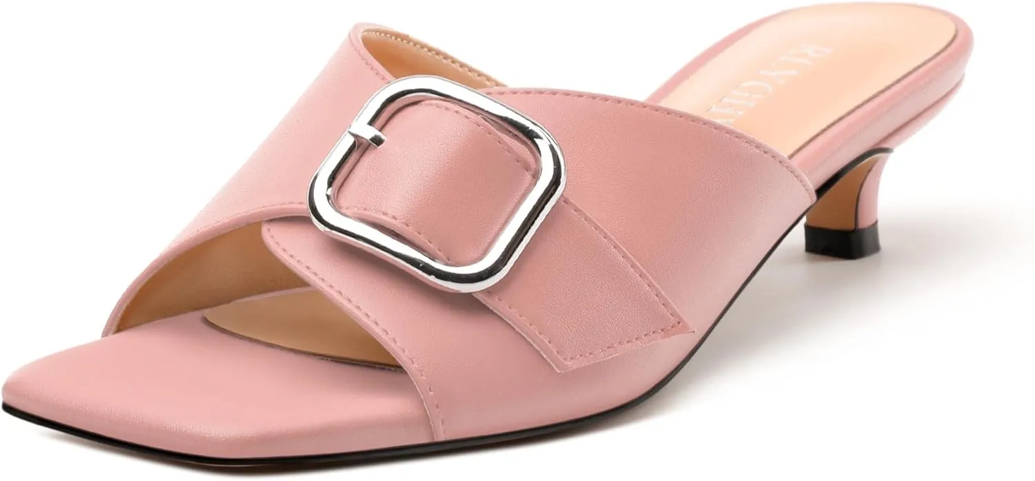 Women's Slide Sandals Square Open Toe Slip on Kitten Low Heel Metal Buckle Dressy Shoes