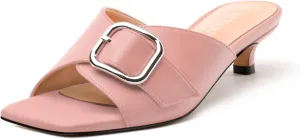 Women's Slide Sandals Square Open Toe Slip on Kitten Low Heel Metal Buckle Dressy Shoes