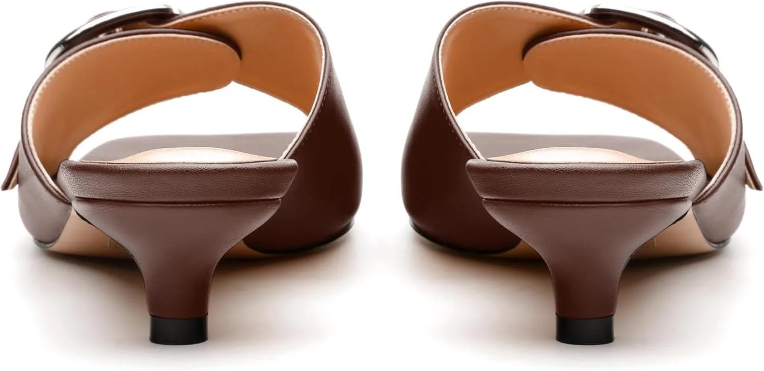 Women's Slide Sandals Square Open Toe Slip on Kitten Low Heel Metal Buckle Dressy Shoes