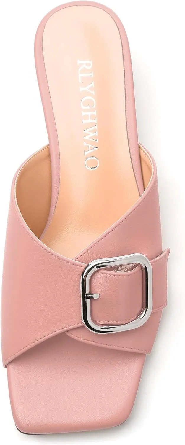 Women's Slide Sandals Square Open Toe Slip on Kitten Low Heel Metal Buckle Dressy Shoes