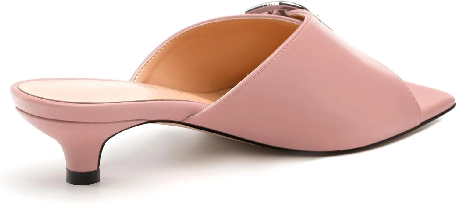 Women's Slide Sandals Square Open Toe Slip on Kitten Low Heel Metal Buckle Dressy Shoes