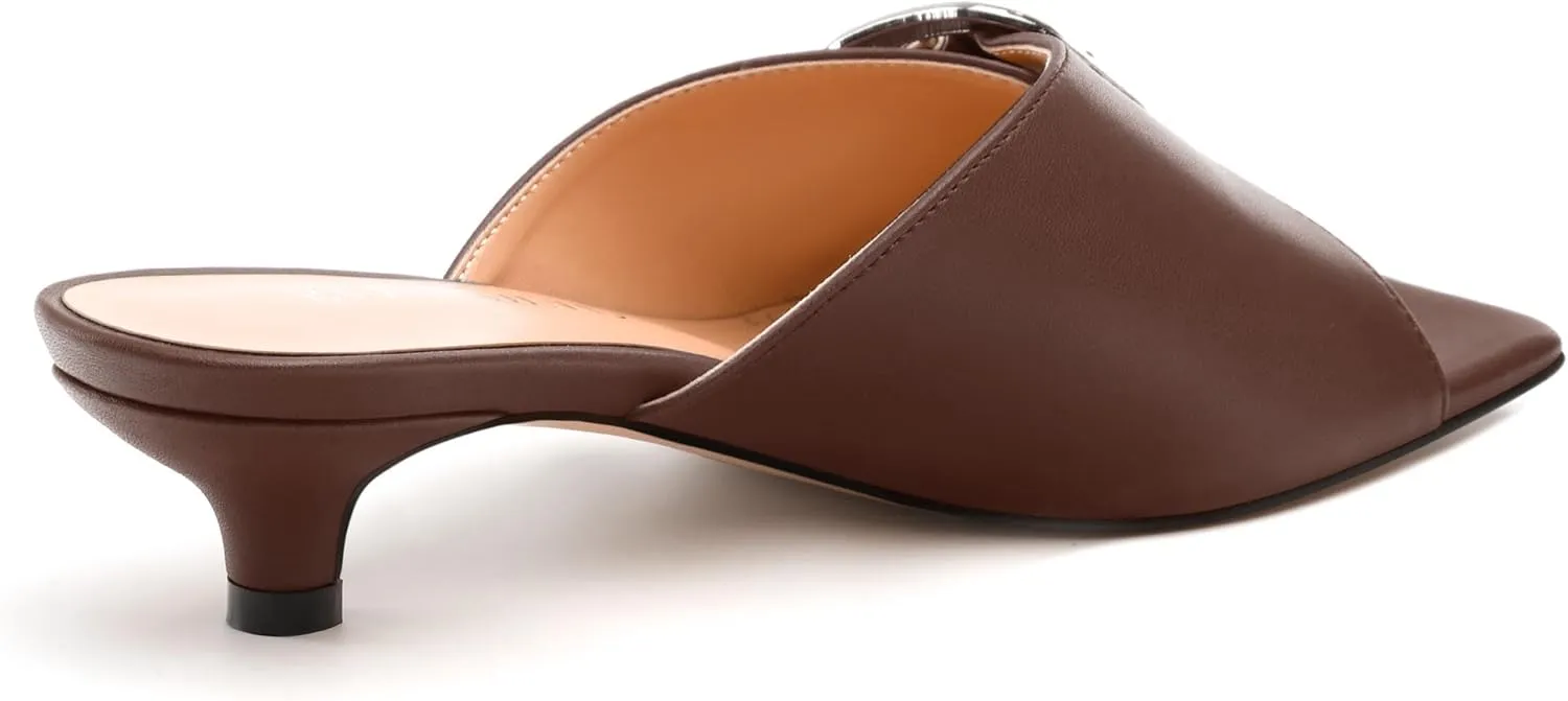 Women's Slide Sandals Square Open Toe Slip on Kitten Low Heel Metal Buckle Dressy Shoes