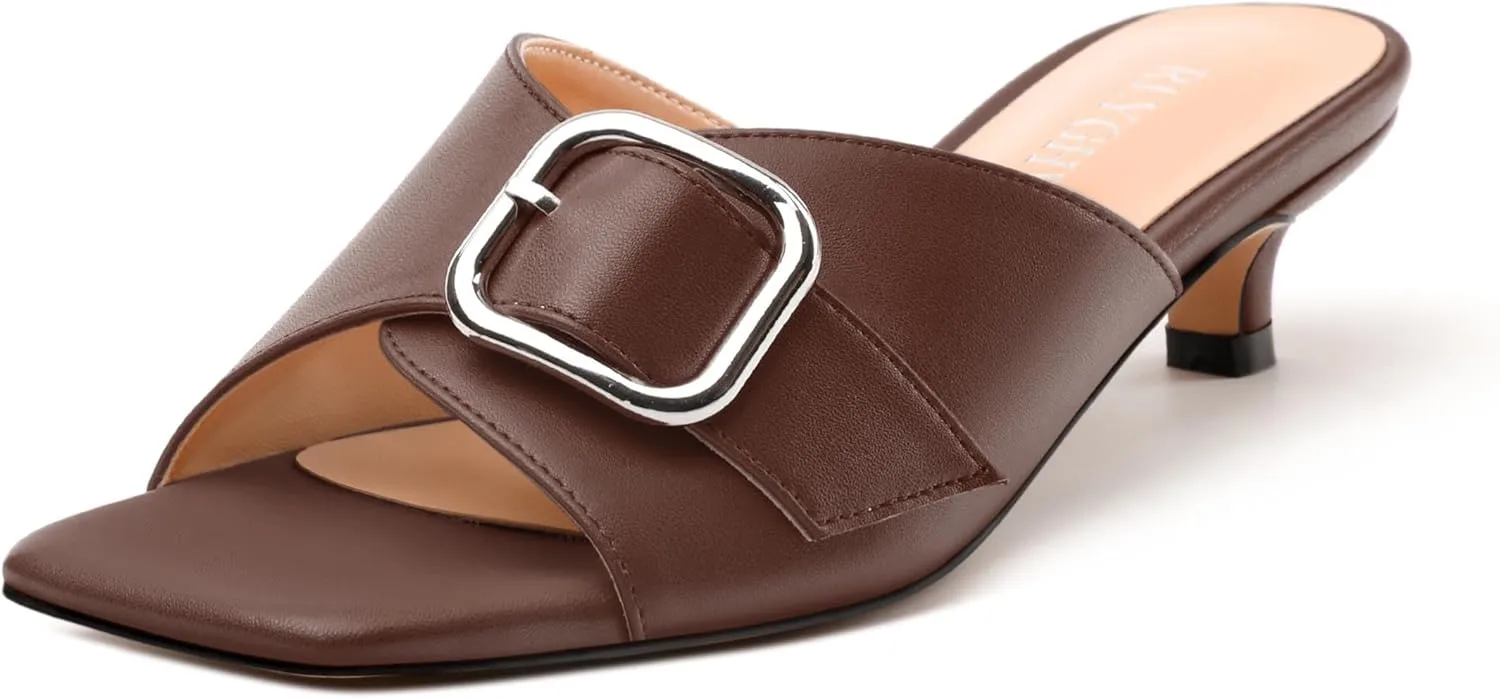 Women's Slide Sandals Square Open Toe Slip on Kitten Low Heel Metal Buckle Dressy Shoes