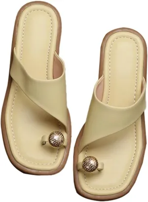 Women's Slip-On Block Heel Sandals Casual Summer Square Toe Dress Mules with Low Heel Comfortable Toe-Ring Slide Shoes for Long Walk