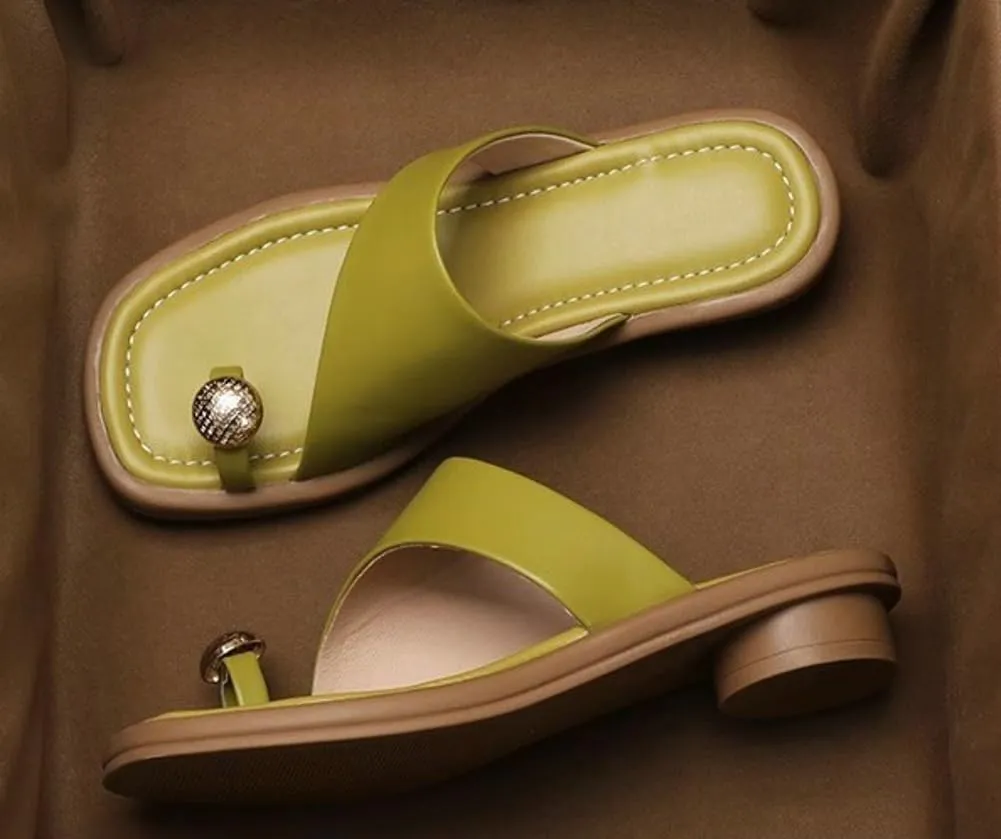 Women's Slip-On Block Heel Sandals Casual Summer Square Toe Dress Mules with Low Heel Comfortable Toe-Ring Slide Shoes for Long Walk