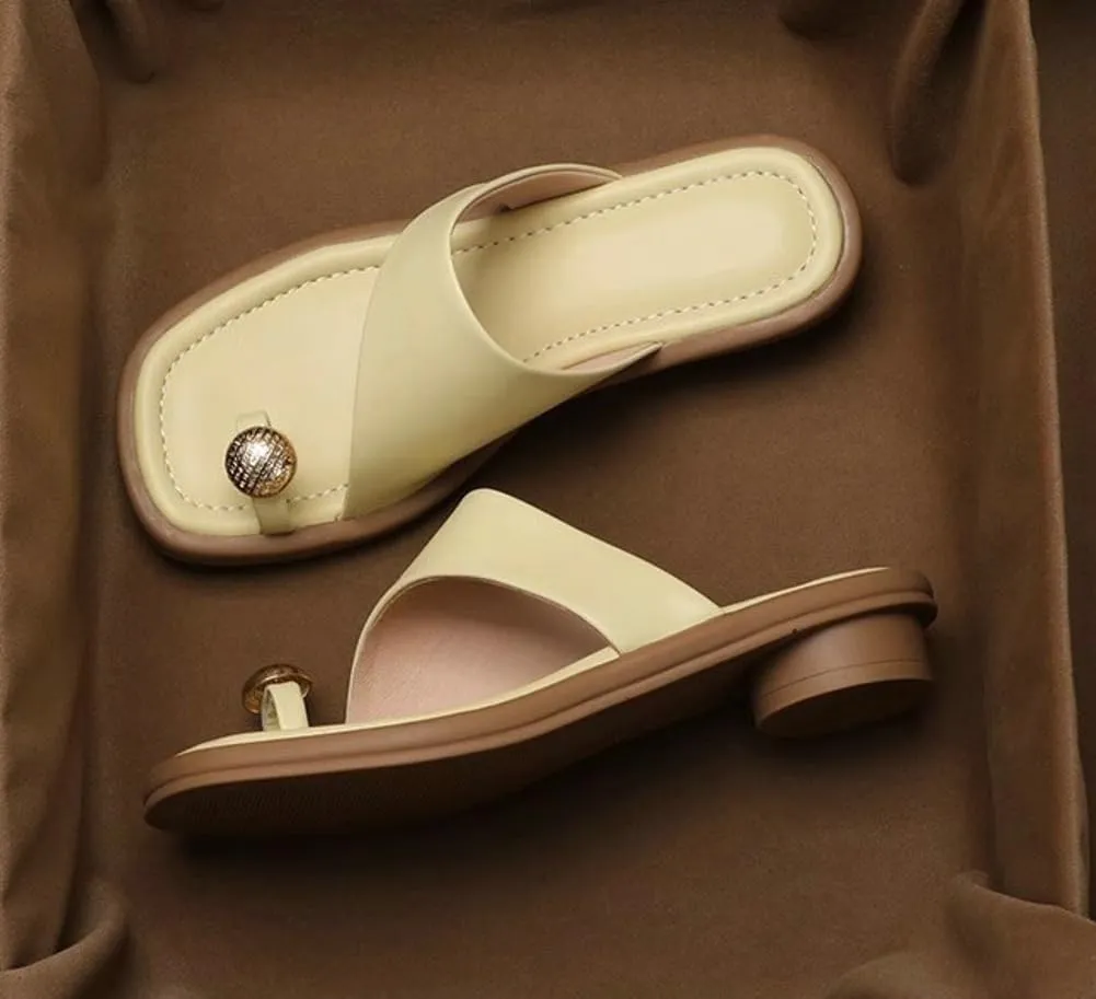 Women's Slip-On Block Heel Sandals Casual Summer Square Toe Dress Mules with Low Heel Comfortable Toe-Ring Slide Shoes for Long Walk