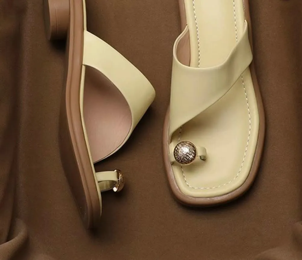 Women's Slip-On Block Heel Sandals Casual Summer Square Toe Dress Mules with Low Heel Comfortable Toe-Ring Slide Shoes for Long Walk