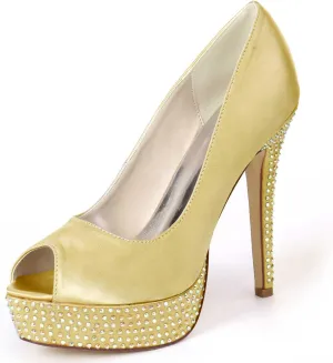 Women's Slip-On Satin Kitten Heel Sandals Rhinestone Open-Toe High Heels Perfect for Weddings, Bridal Parties, Evening Events, Proms, & Dance Nights