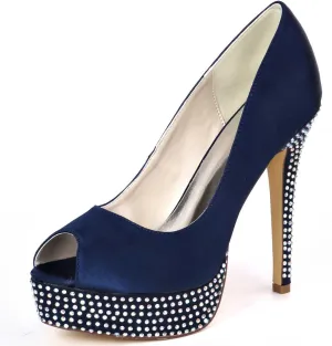 Women's Slip-On Satin Kitten Heel Sandals Rhinestone Open-Toe High Heels Perfect for Weddings, Bridal Parties, Evening Events, Proms, & Dance Nights