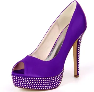 Women's Slip-On Satin Kitten Heel Sandals Rhinestone Open-Toe High Heels Perfect for Weddings, Bridal Parties, Evening Events, Proms, & Dance Nights