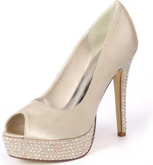 Women's Slip-On Satin Kitten Heel Sandals Rhinestone Open-Toe High Heels Perfect for Weddings, Bridal Parties, Evening Events, Proms, & Dance Nights