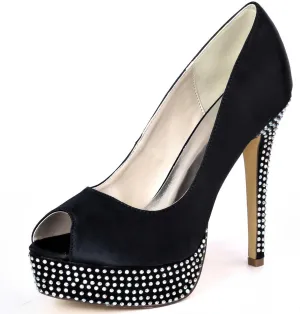 Women's Slip-On Satin Kitten Heel Sandals Rhinestone Open-Toe High Heels Perfect for Weddings, Bridal Parties, Evening Events, Proms, & Dance Nights