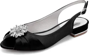 Womens Slip On Wedding Dress Shoes Rhinestones Peep Toe Low Heel Bridal Shoes Slingback Sandals Satin Work Flat