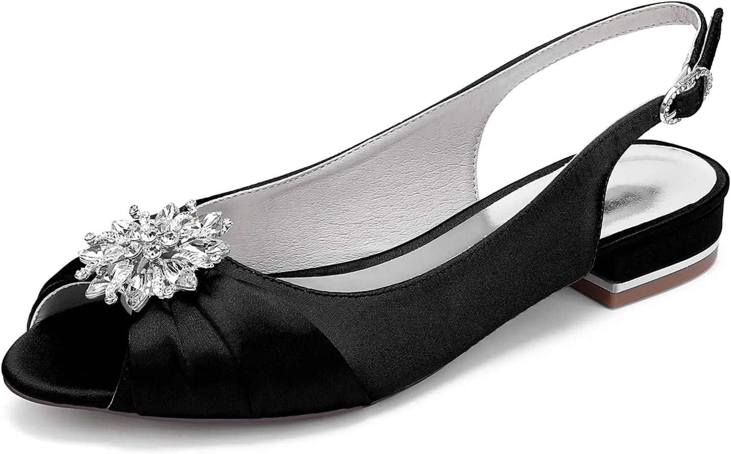 Womens Slip On Wedding Dress Shoes Rhinestones Peep Toe Low Heel Bridal Shoes Slingback Sandals Satin Work Flat