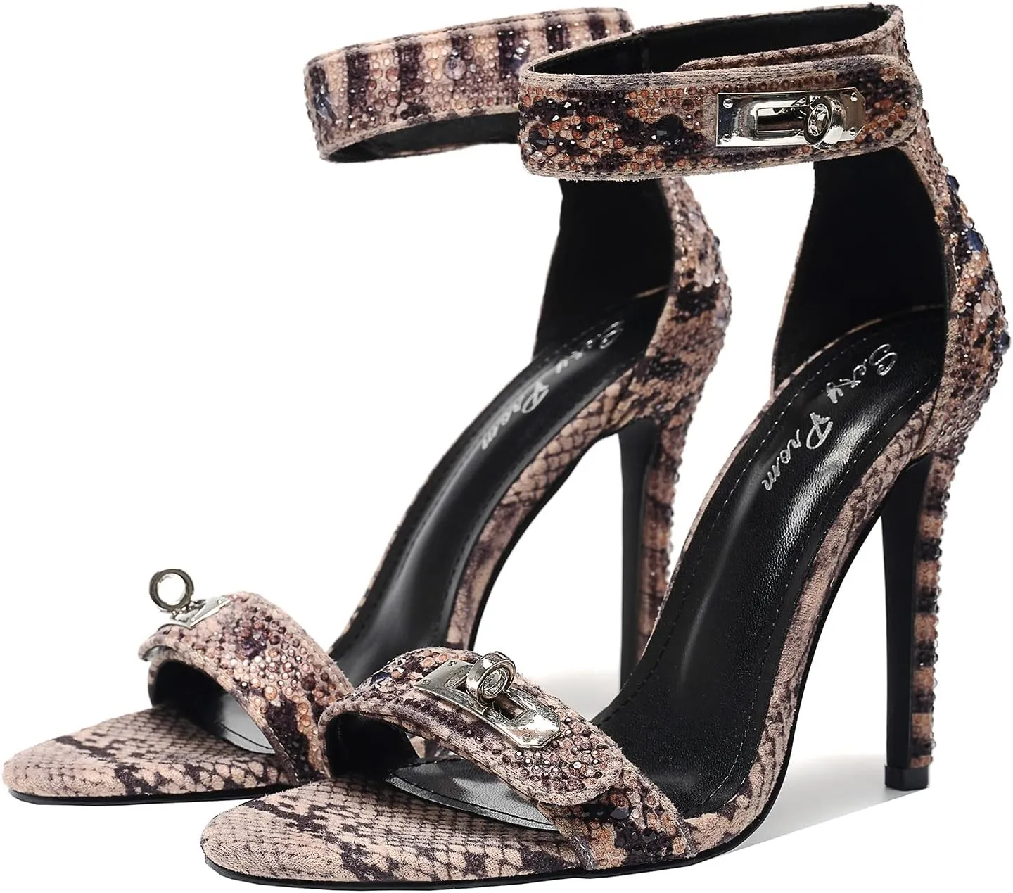 Women's Snake Print Rhinestone Ankle Strap Stiletto Sandals Open Toe & Turn Lock Party/Wedding/Nightclub Shoes