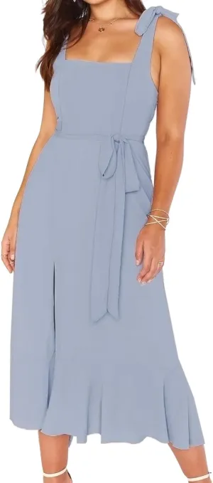 Women's Spaghetti Strap Dress – High Waist, Side Slit, Tie Straps & Ruffle Hem (Polyester, Solid, S-XL)