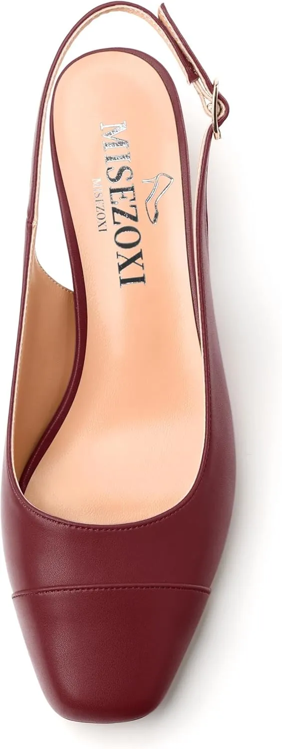 Womens Sqaure Toe Block Heel Slingback Pumps