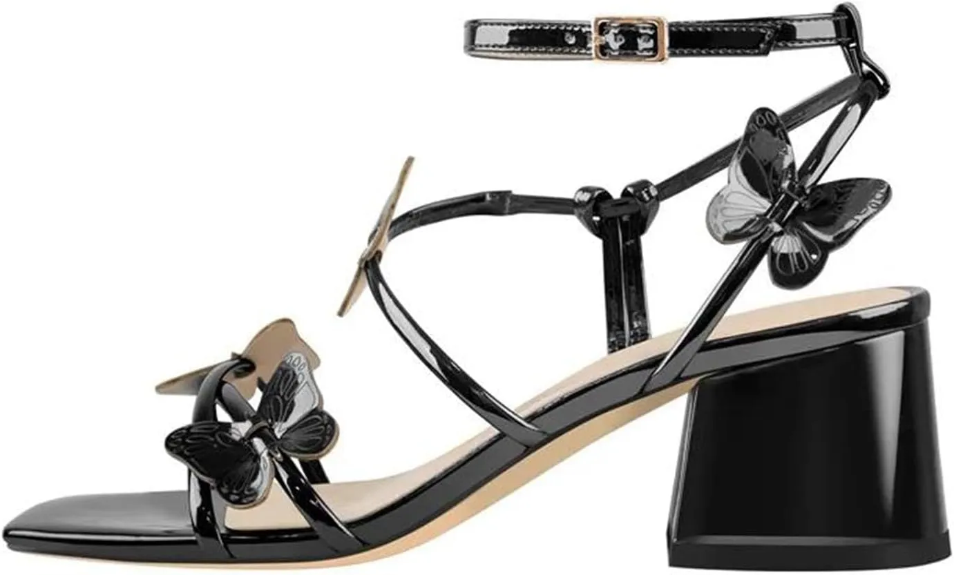 Women's Square Peep Toe Butterfly Sandals - Strange Style Chunky Heels Casual
