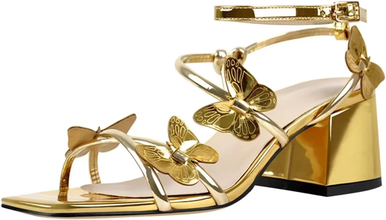Women's Square Peep Toe Butterfly Sandals - Strange Style Chunky Heels Casual