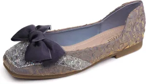 Womens Square Toe Flats Bow-Knot Low Heel Dress Shoes Rhinestone Ballet Flats Memory Foam Insole Slip on Dressy Comfortable for Women