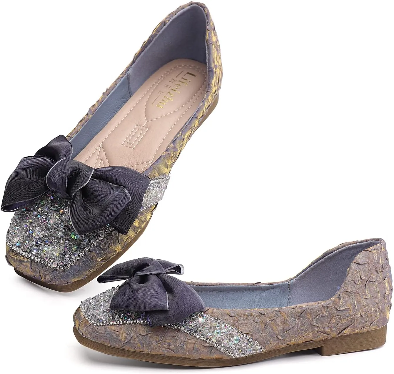 Womens Square Toe Flats Bow-Knot Low Heel Dress Shoes Rhinestone Ballet Flats Memory Foam Insole Slip on Dressy Comfortable for Women