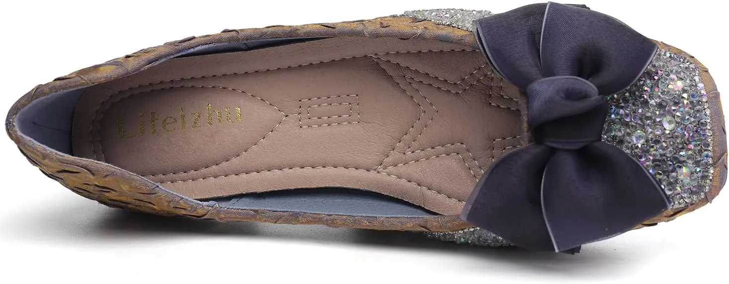Womens Square Toe Flats Bow-Knot Low Heel Dress Shoes Rhinestone Ballet Flats Memory Foam Insole Slip on Dressy Comfortable for Women