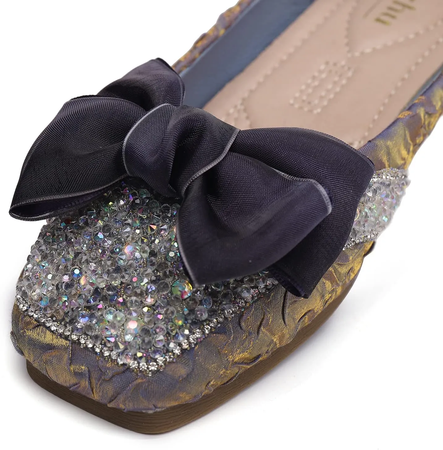 Womens Square Toe Flats Bow-Knot Low Heel Dress Shoes Rhinestone Ballet Flats Memory Foam Insole Slip on Dressy Comfortable for Women