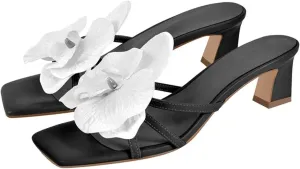 Women's Square Toe Orchid Mules - Slip On 5cm Thin Heel Sandals