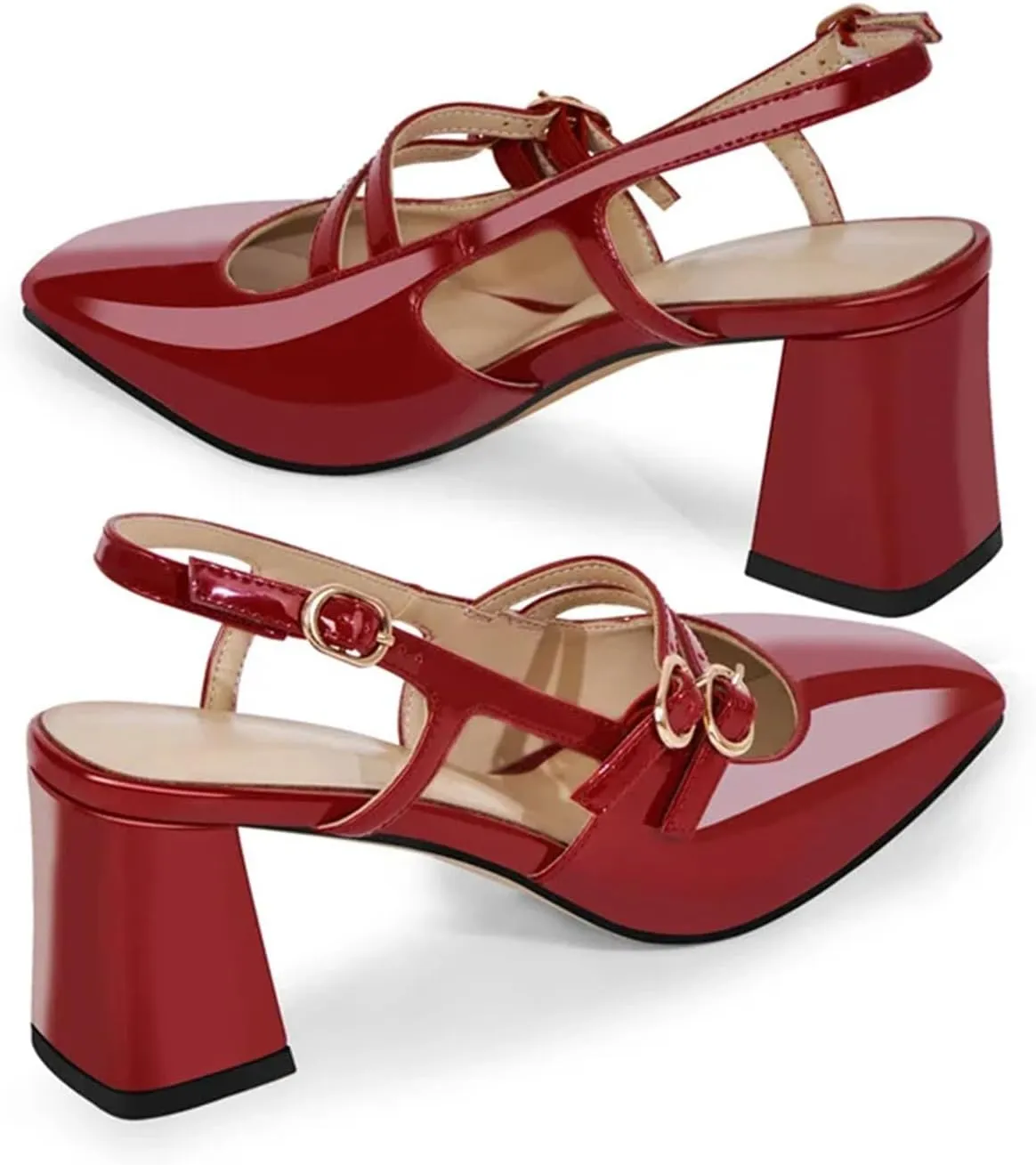 Women's Square Toe Red Patent Leather Slingback Sandals - Chunky Heel