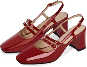 Women's Square Toe Red Patent Leather Slingback Sandals - Chunky Heel