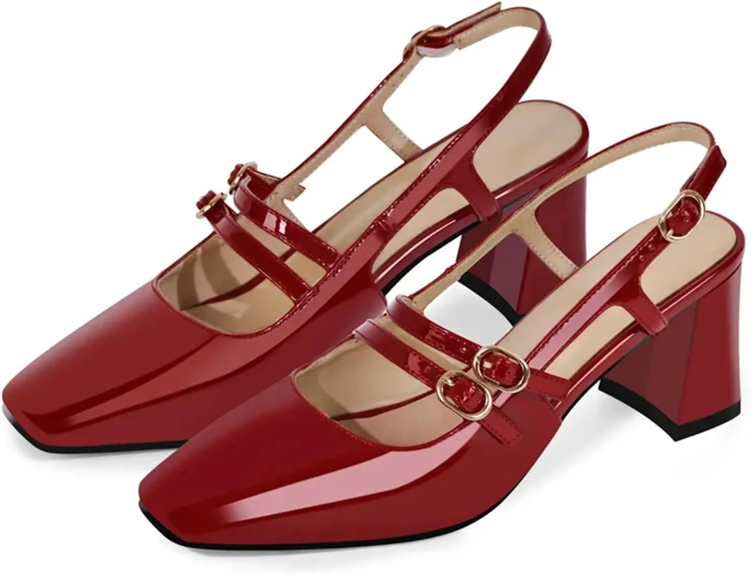 Women's Square Toe Red Patent Leather Slingback Sandals - Chunky Heel
