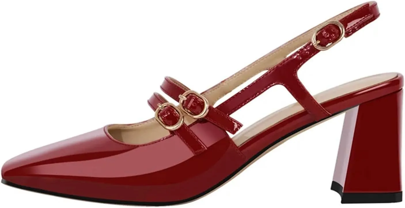 Women's Square Toe Red Patent Leather Slingback Sandals - Chunky Heel