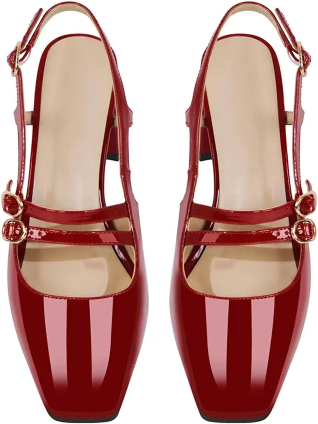 Women's Square Toe Red Patent Leather Slingback Sandals - Chunky Heel