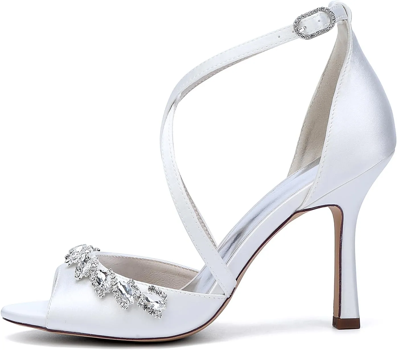 Women's Stiletto Heel Sandal Open Toe Cross Strap Satin Wedding Evening Party Shoes with Rhinestones