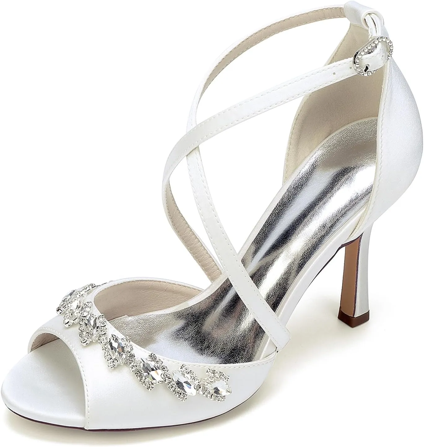 Women's Stiletto Heel Sandal Open Toe Cross Strap Satin Wedding Evening Party Shoes with Rhinestones