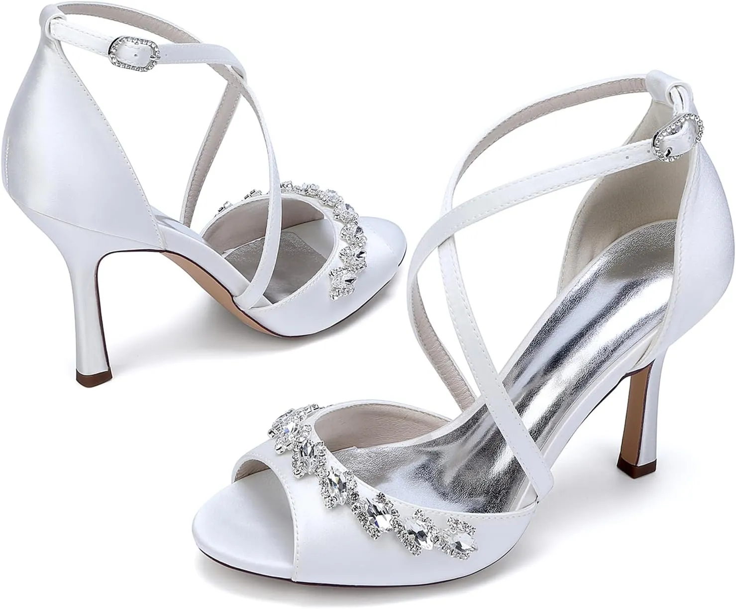 Women's Stiletto Heel Sandal Open Toe Cross Strap Satin Wedding Evening Party Shoes with Rhinestones