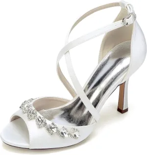 Women's Stiletto Heel Sandal Open Toe Cross Strap Satin Wedding Evening Party Shoes with Rhinestones